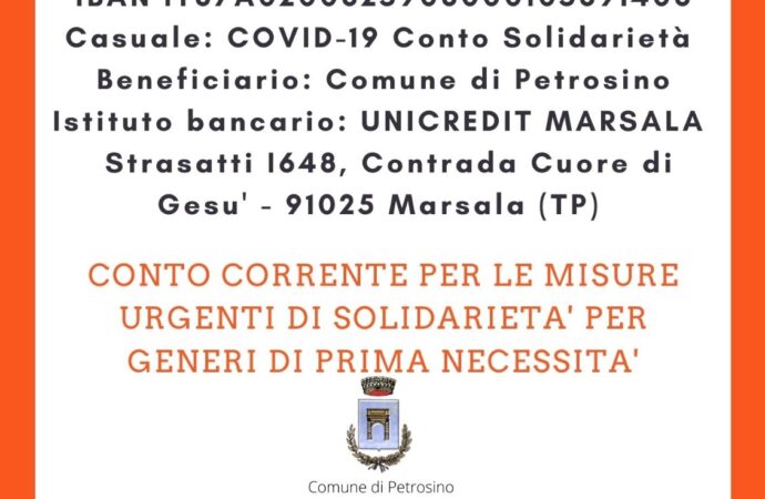 Coronavirus, il Comune di Petrosino attiva un conto corrente dedicato per le donazioni