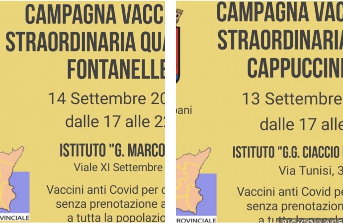 Trapani, campagna vaccinale straordinaria il 13 e 14 Settembre a Cappuccinelli e Fontanelle