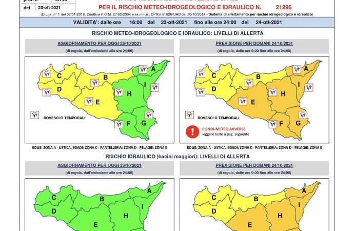 Avviso di rischio meteo idrogeologico-idraulico per le prossime 24 ore. Per il territorio di Mazara del Vallo il livello di allerta meteo è Giallo (livello attenzione)